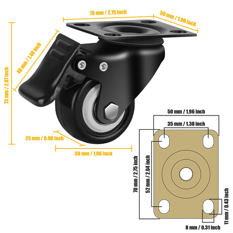 QNCZ 2" Caster Wheels, Casters Set of 4 Heavy Duty but Silent, Excellent Locking Casters with Polyurethane (PU) Wheels, Swivel Plate Castor Wheels for Cart, Furniture, Workbench QNCZ