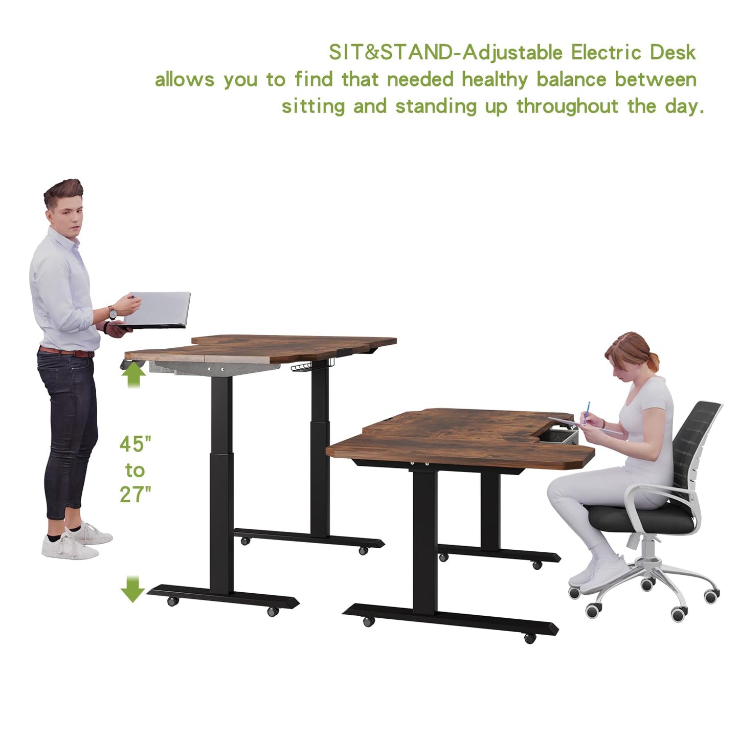 Radlove Dual Motors Height Adjustable 59'' L Shape Electric Standing Desk with Drawer Stand Up Table 4 Memory Keys, Computer Desk with Splice Board Home Office Desk, Rustic Brown Top + Black  - WoodArtSupply