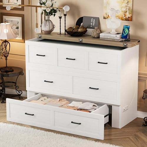 Bellemave Queen Murphy Bed, Cabinet Bed with Charging Station and 1 Large Storage Drawer, Farmhouse Murphy Cabinet with Foldable Panel, Noisy Free, for Guest Bedroom, Living Room, White Bellemave