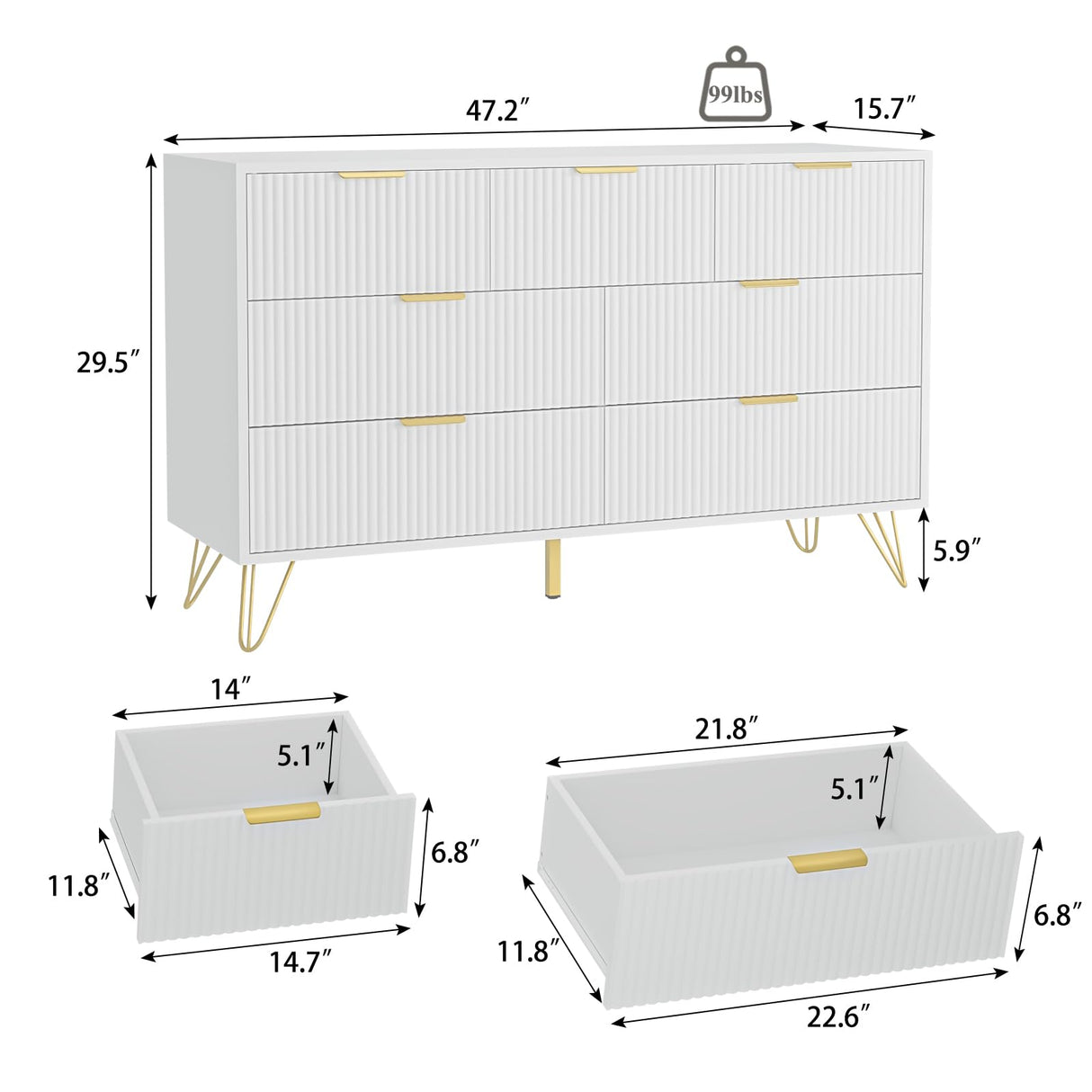 LYNSOM Dresser for Bedroom, Modern 7 Drawer White Dresser with Metal Handles and Wide Drawer, Wood Chest of Drawers for Living Room LYNSOM