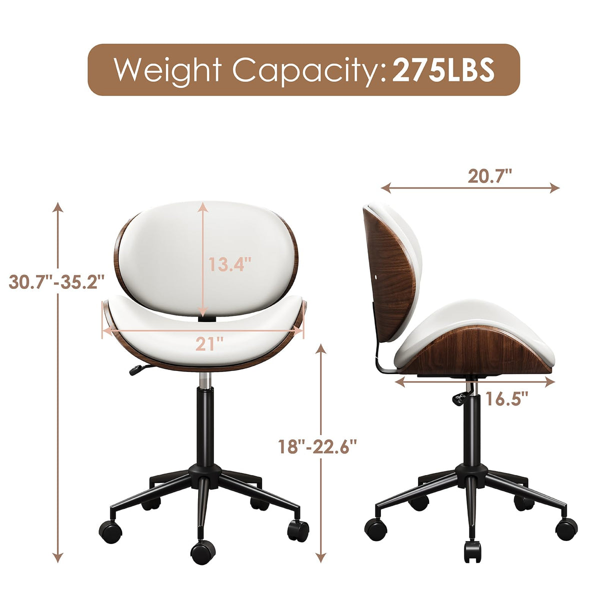LUXOAK Ergonomic Home Office Desk Chair Set of 2, Mid-Century Modern Armless Chair with PU Leather/360°Swivel Wheels/Seat Height Adjustable for Office, Study, White LUXOAK