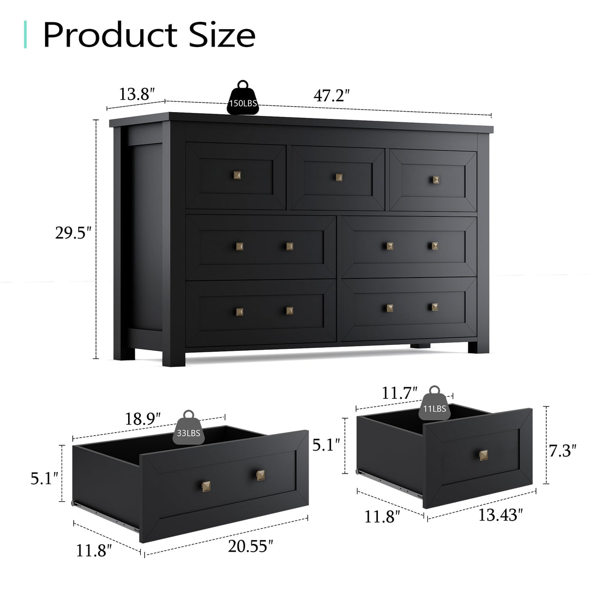 7 Drawer Dresser for Bedroom, Farmhouse Wood Chest of Drawers, Wide TV Stand Closet Storage Furniture with Metal Handle, Modern Wooden Clothes Organizer for Hallway, Living Room, Entryway, Black Xixini