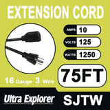 75 Ft 16/3 Outdoor Extension Cord Waterproof - 16 Gauge 3 Prong Electric Cord, SJTW, 13A 1625W 125V, Grounded Plug Extension Wire, Black Ultra Explorer