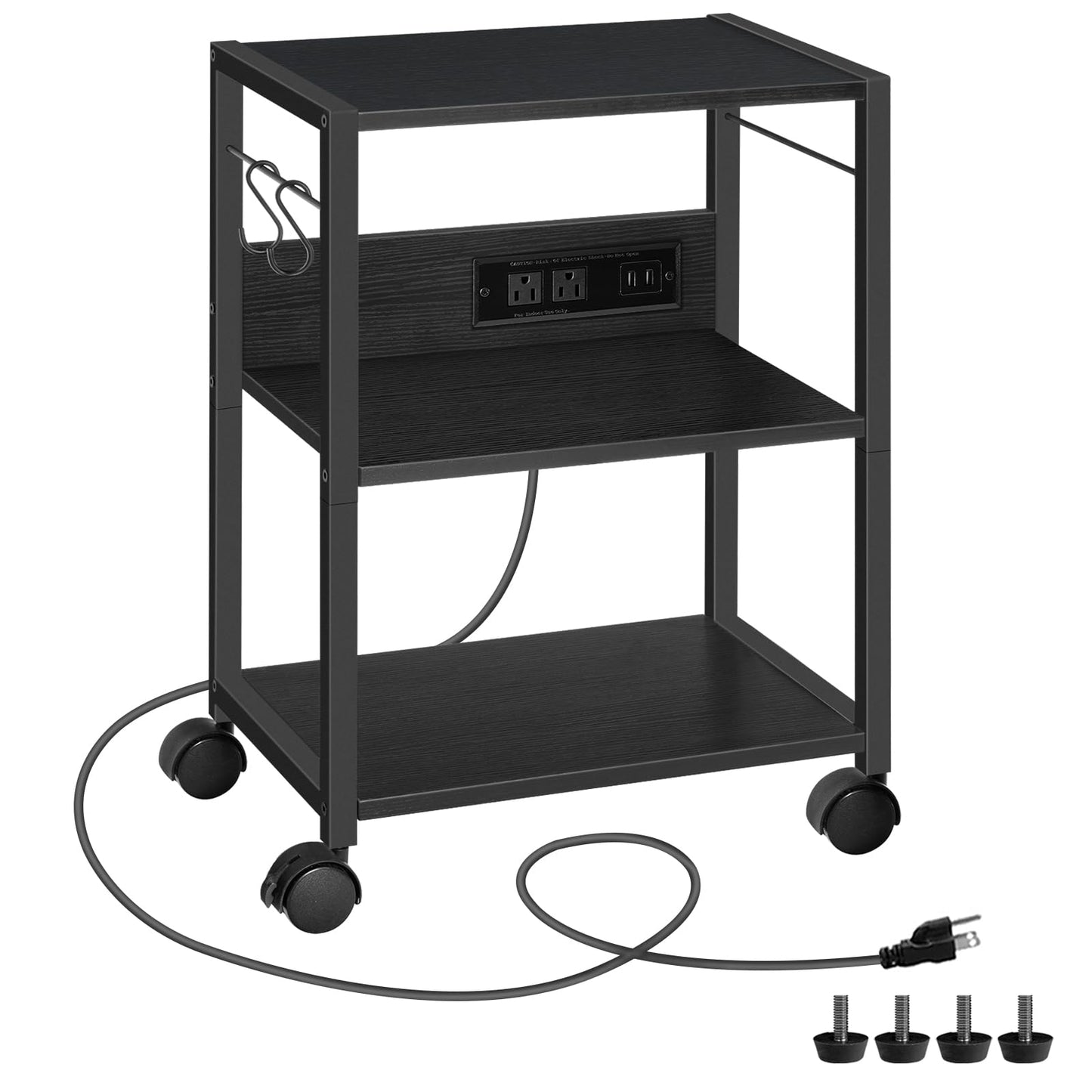 MAHANCRIS Industrial Printer Cart, 3-Tier Mobile Printer Stand, Rolling Cart with Power Outlets and USB Ports, Home Printer Stand with 2 Hooks, for Office, Living Room, Black PTHB40E01 - WoodArtSupply