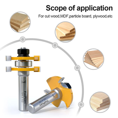 FivePears Tongue and Groove Router Bit Set with 1/2" Shank,T Shape 3 Teeth Wood Milling Cutter Woodworking Tool(2pcs) - WoodArtSupply