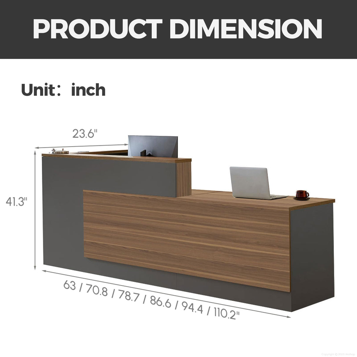Anzhap L-Shaped Reception Desk with Counter, Modern Front Desk Checkout Counter with Drawer, Storage Cabinet, Keyboard Tray for Office, Salon, Lobby (Walnut + Iron Gray/Right, 94" L*24" W*41" H) Anzhap