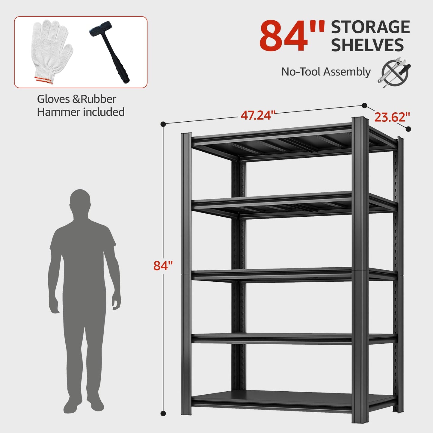 SYLOUGH 5 Tier Metal Shelving Unit, 84" H x 47.24" W x 23.62" D, 3000LBS Adjustable Storage Shelves, Heavy Duty Garage Shelves for Warehouse, Basement, Kitchen, Pantry, Living Room, Office