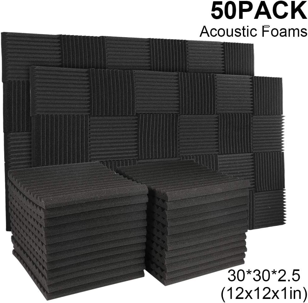 Burdurry 50 Pack Acoustic Panels Soundproof Studio Foam for Walls Sound Absorbing Panels Sound Insulation Wedge for Studio, 1" X 12" X 12" (Black) Burdurry