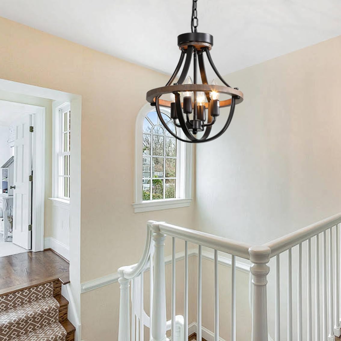 Threebro Chandeliers，Farmhouse Ceiling Chandelier Wood Black Modern Rustic Hanging Pendant Light Fixture with Chain for Dining Room Living Room Entryway Kitchen Island Bedroom Foyer Lighting（4-Light） Threebro