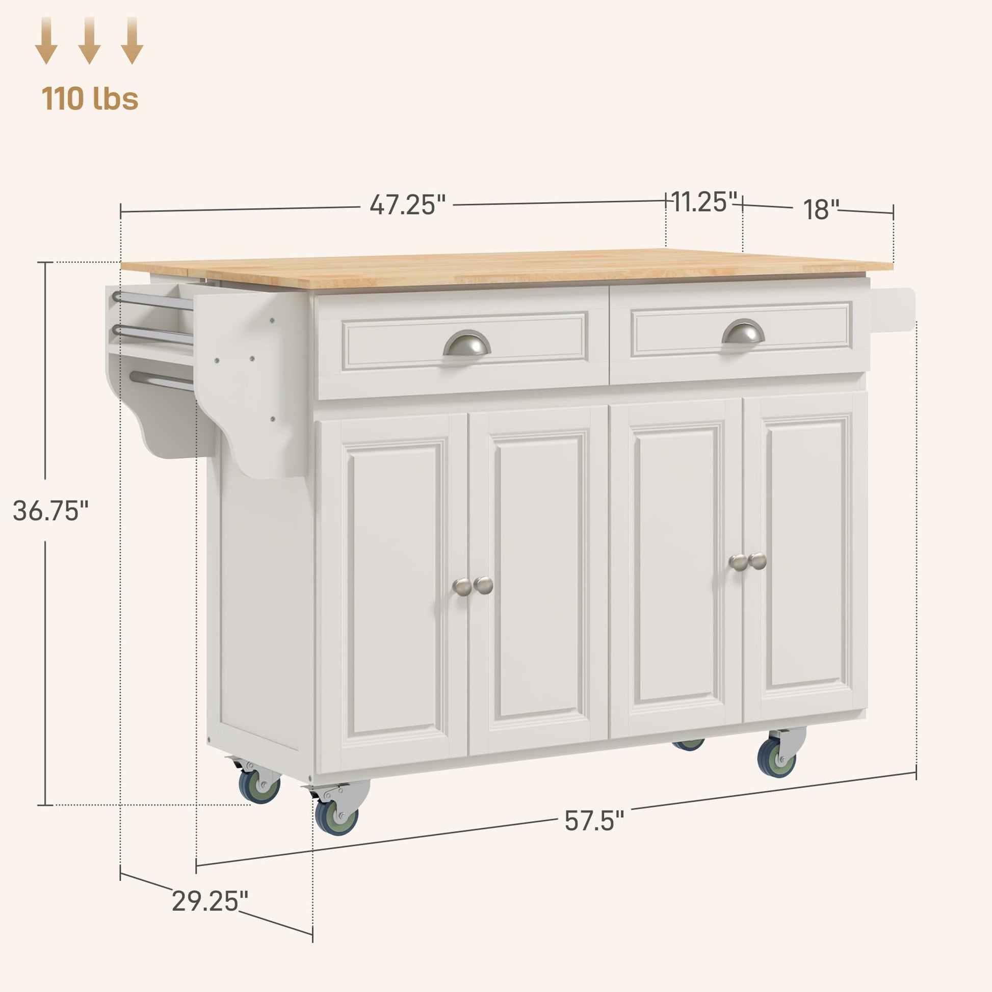 HOMCOM Rolling Kitchen Island Drop Leaf, Kitchen Cart on Wheels, Solid Wood Top Breakfast Nook with Storage Drawers, 4-Door Cabinets and Spice Rack, Cream White - WoodArtSupply