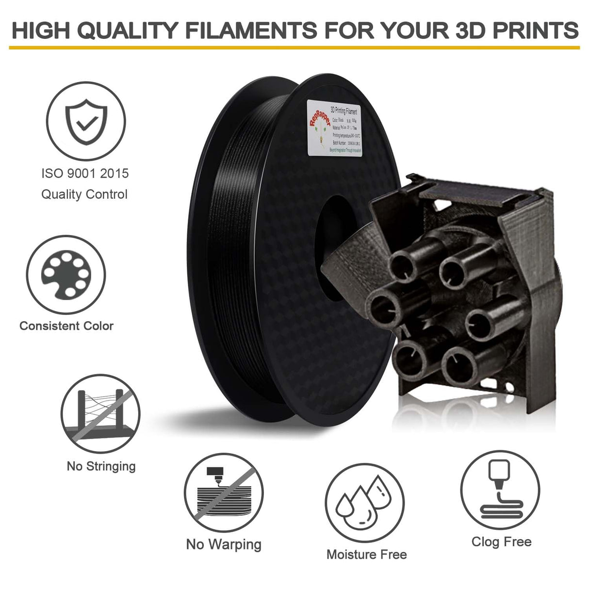 RepRapper PA12-CF 3D Printing Filament, Nylon Filament 1.75mm, 500g Nylon Carbon Fiber Filament, Black No Warping & Moisture Free 3D Printer Filament for 3D Printer RepRapper