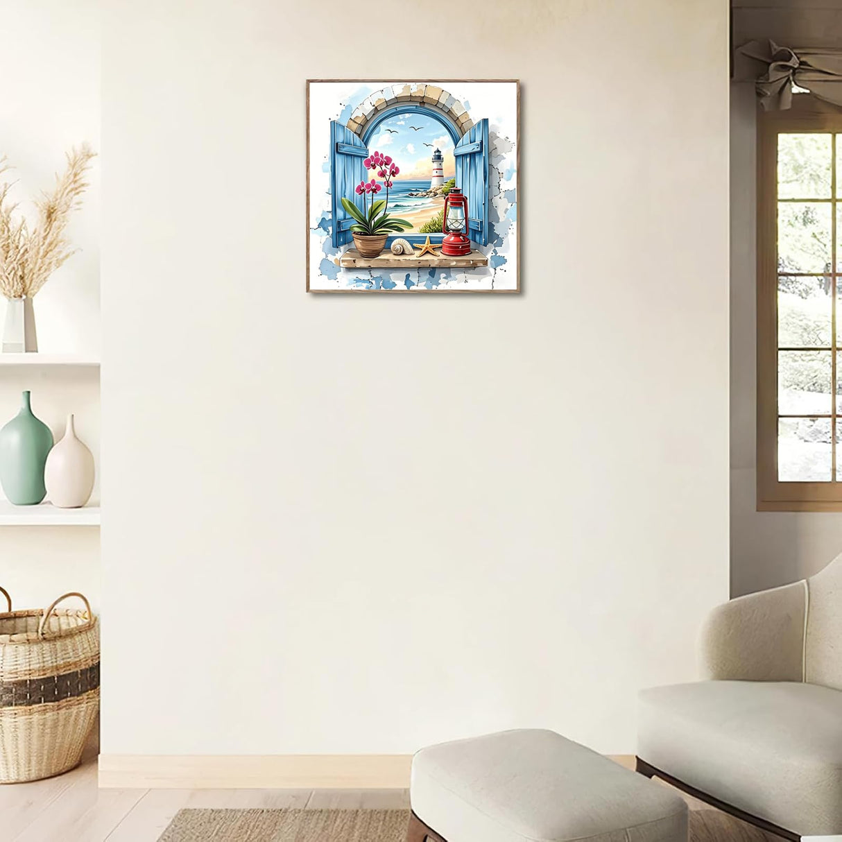 Beach Diamond Art Kits for Adults, Lighthouse Diamond Painting Kit for Beginner, DIY Full Round Drills Windowsill Diamond Dots 5D Gem Arts and Crafts Kit for Home Wall Decor 12x12IN DIYDECORFUN