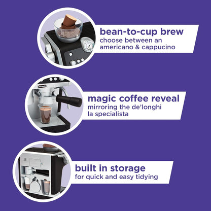 Casdon De'Longhi Toys Barista Coffee Machine. Toy Kitchen Playset for Kids with Moving Parts, Realistic Sounds and Magic Coffee Reveal. For Children Aged 3+, Silver, Black