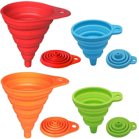 KongNai Kitchen Funnel Set 4 Pack, Small and Large, Kitchen Gadgets Accessories Foldable Silicone Collapsible Funnels for Filling Water Bottle Liquid Transfer Food Grade KongNai