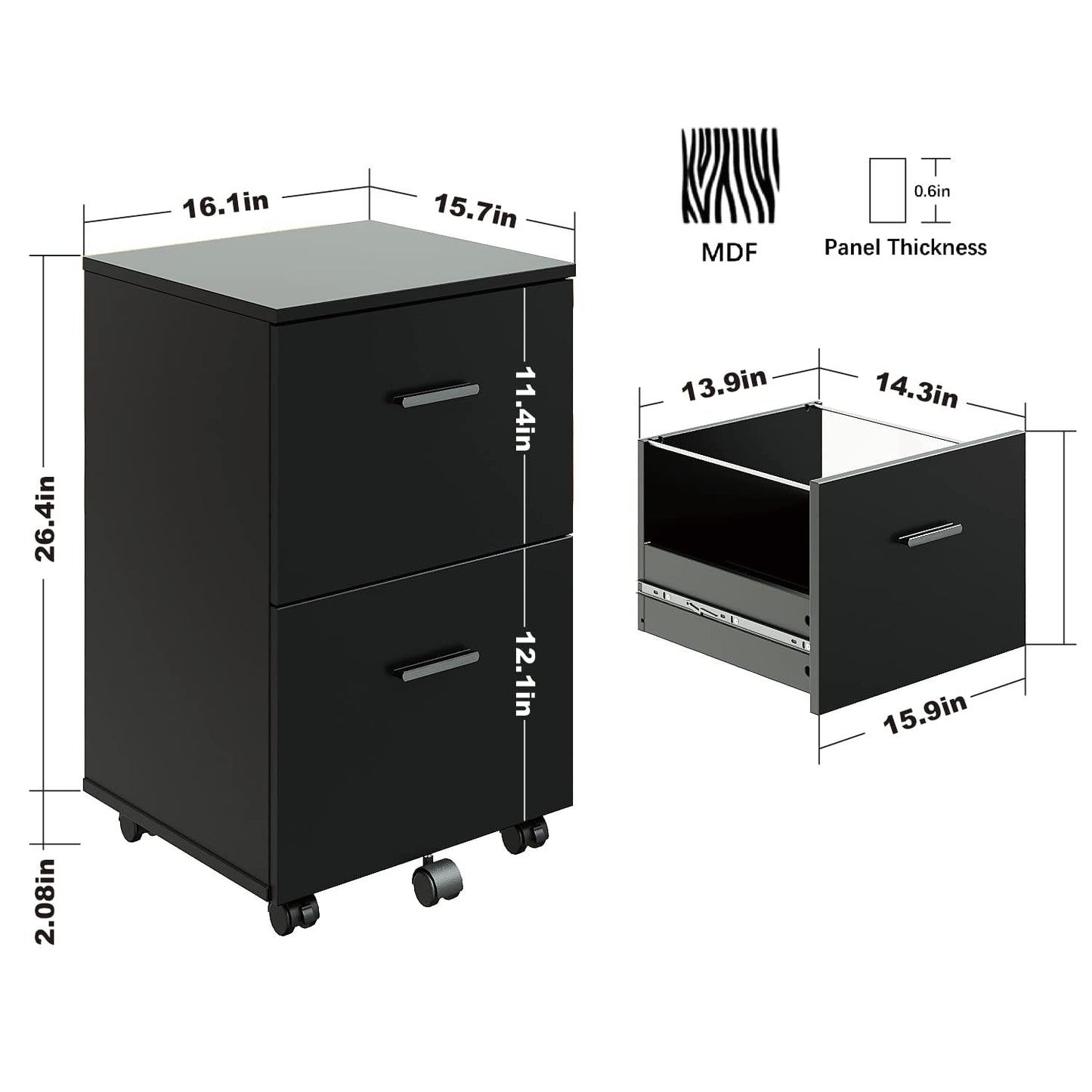 2 Drawer Mobile File Cabinet, Wood Rolling Filing Cabinet Printer Stand Under Desk Storage Organizer Fits Letter Size File Folders for Home Office (Black) - WoodArtSupply