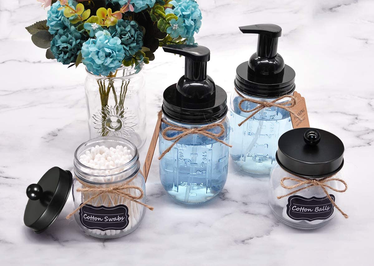 Amolliar Mason Jar Foaming Soap Dispenser, Plastic Pump Rustproof Stainless Steel Lid, Waterproof Label, Rustic Farmhouse Decor Hand Soap Dispenser, Dish Soap for Bathroom, Kitchen, Bath, Black 2 Pack Amolliar
