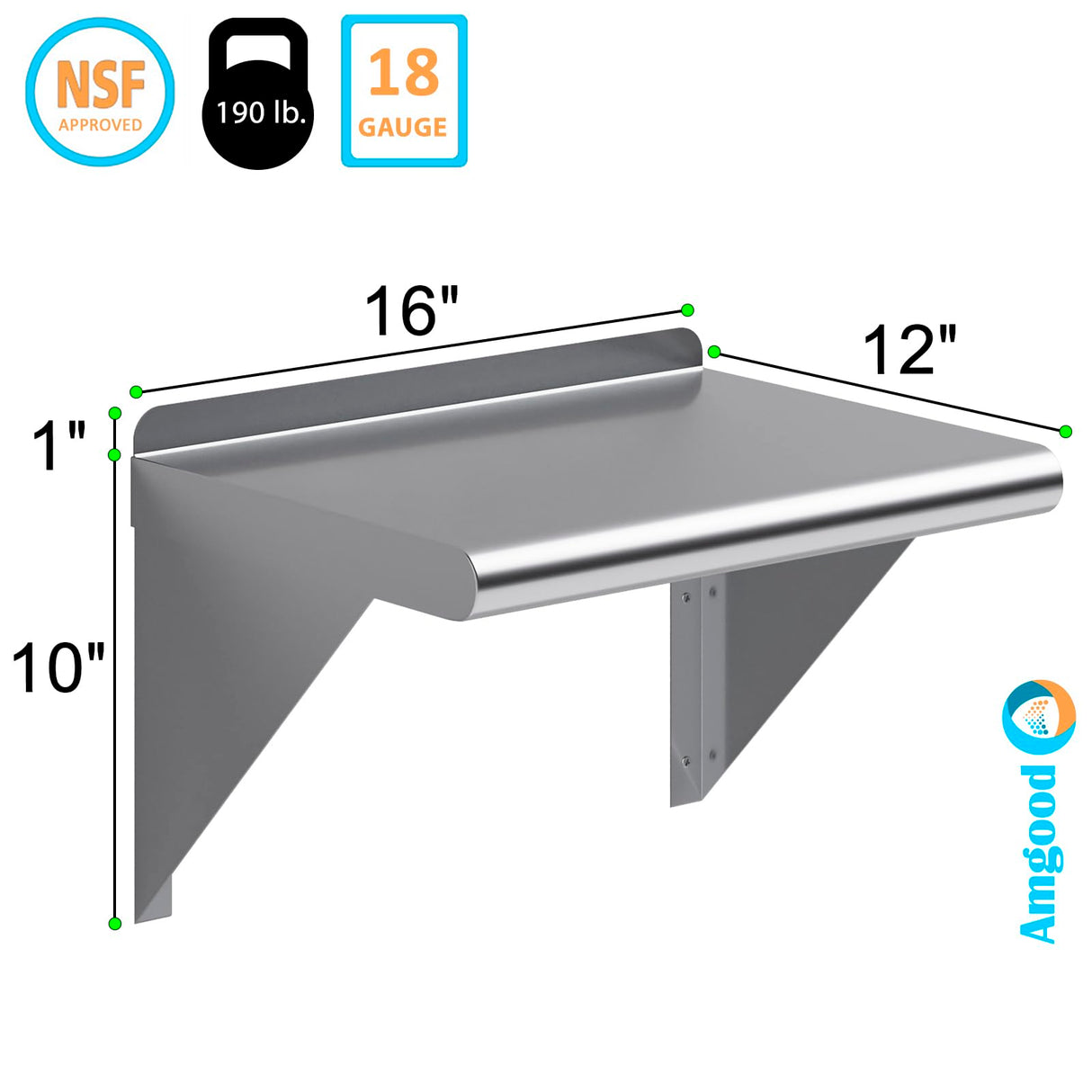 AmGood 12" X 16" Stainless Steel Wall Shelf | Metal Shelving | Garage, Laundry, Storage, Utility Room | Restaurant, Commercial Kitchen | NSF AmGood