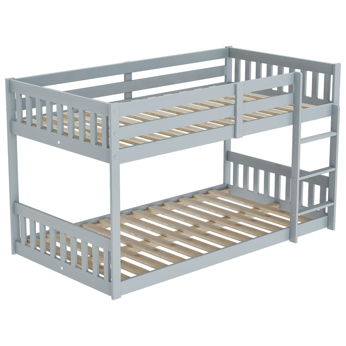 Stylish JOYMOR Twin Over Twin Solid Wood Bunk Bed Frame with Safety Guard Rails and Ladder in Grey JOYMOR
