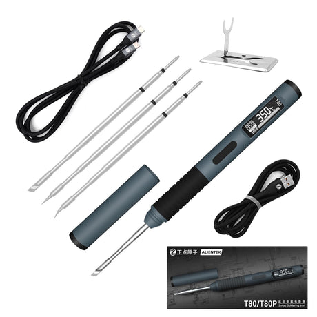 ALIENTEK Soldering Iron Kit, PD/QC 100W Mini Digital Soldering Iron 176-842℉ Fast Heating T80/T80P,Type-C Portable Digital OLED Screen Display, Auto Sleep (T80+C2C+3 type tips) ALIENTEK