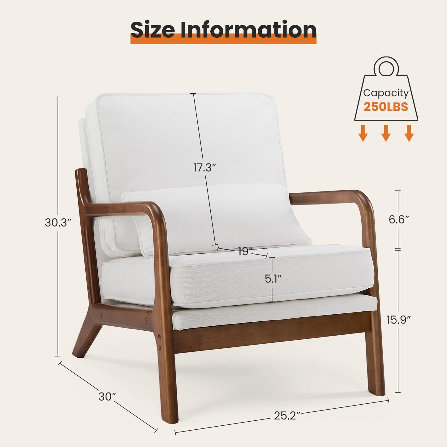 Sweetcrispy Modern Accent Mid Century Chair with Lumbar Pillow, Lounge Arm Chairs, Linen Fabric Comfy Reading Chair with Wood Frame for Living Room, Bedroom, Belcony, Beige