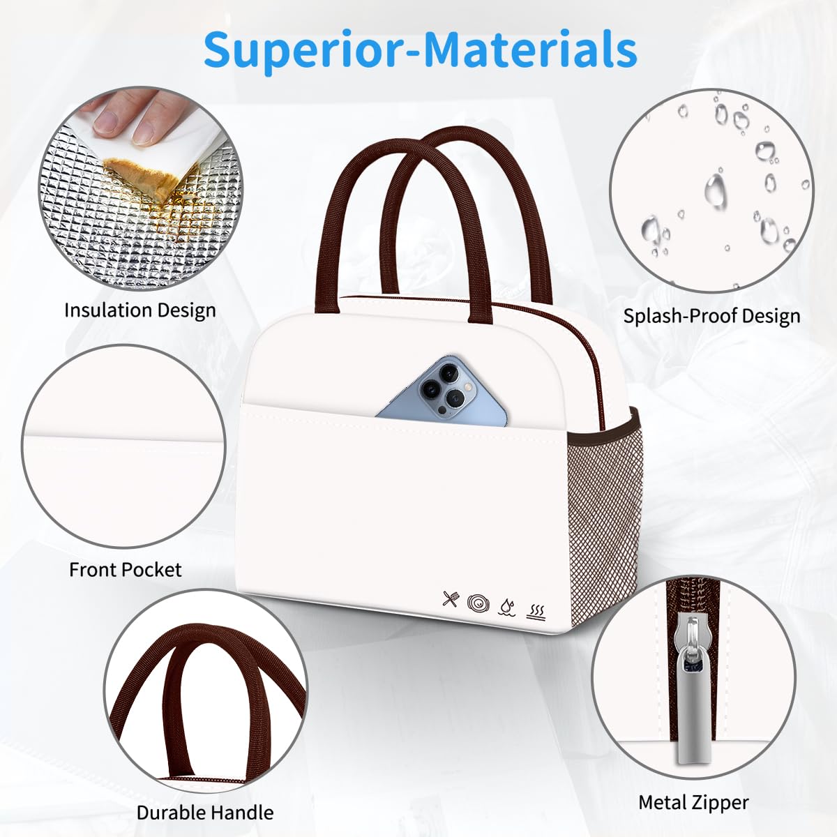 DALINDA Lunch Bag Lunch Box for Women Men Reusable Insulated Lunch Tote Bag, Handbags Case High Capacity for Travel Work Picnic,white