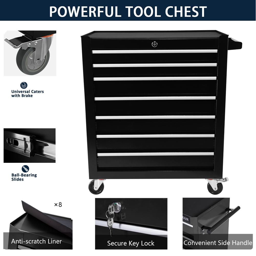 7 Drawer Tool Chest with Wheels,Metal Locking Black Rolling Tool Box with Tool Organizer Trays for Tool Storage Organizer,Portable Standing Mechanic Toolbox for Garage,30 In Tall Tool Cabinet - WoodArtSupply