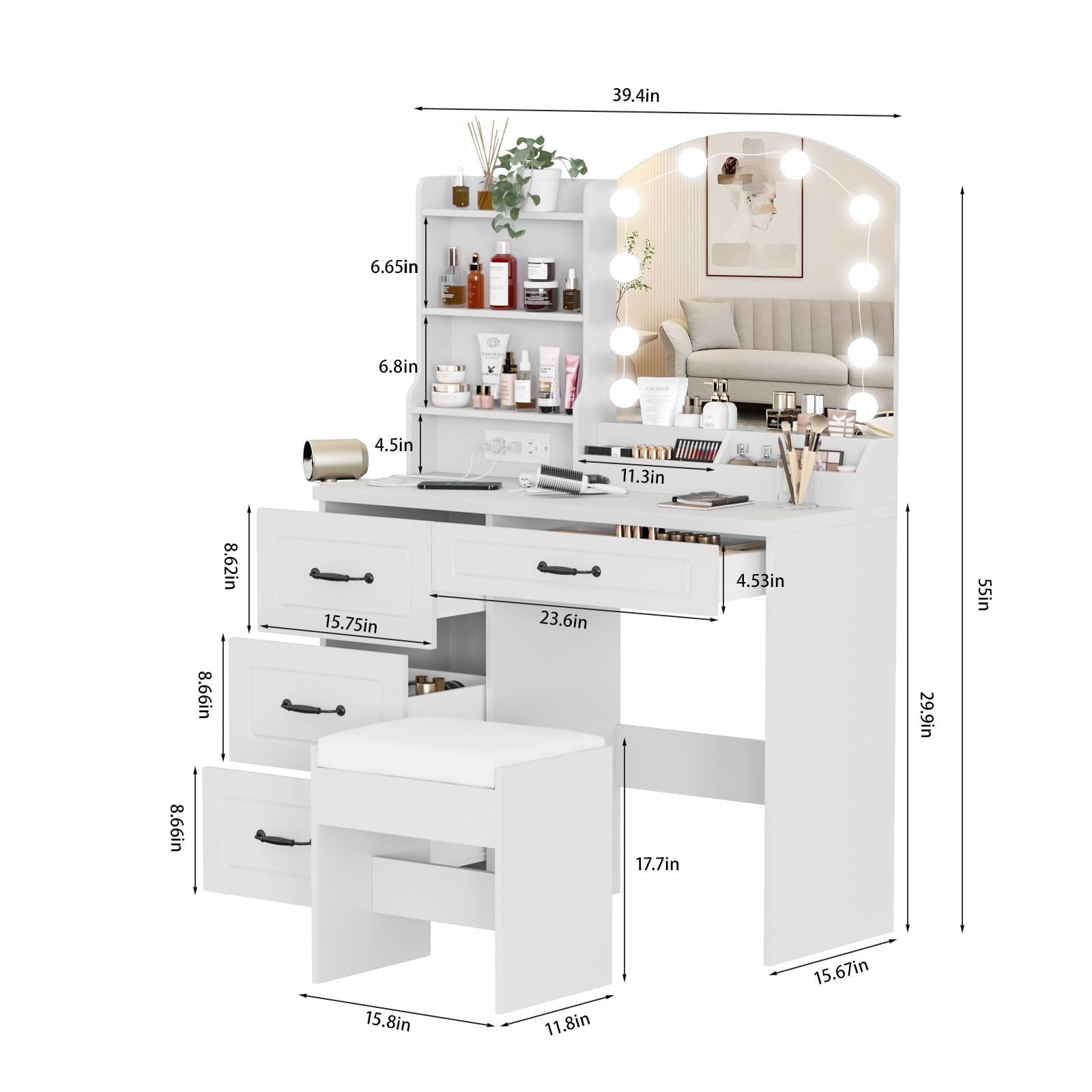 Vabches Makeup Vanity Desk with Lights and Charging Station, White Vanity Set Makeup Table with 4 Drawers Lots Storage, 3 Lighting Colors, Large Size 39.4in(W) - WoodArtSupply