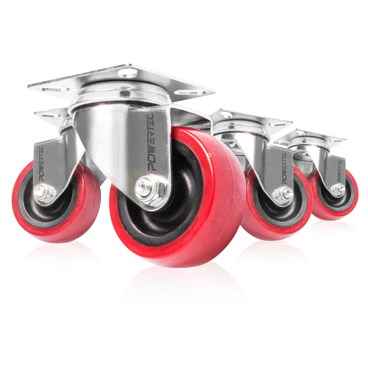 POWERTEC 2 Inch Swivel Caster Wheels Set of 4 with 400 lbs Loads, Heavy Duty Plate Casters (2 with Brakes & 2 without), PU Castor Wheels for Furniture, Cart, Dolly and Workbenches (17212) POWERTEC