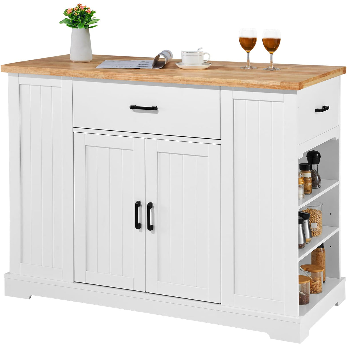 VEVOR Kitchen Island Cart, 46" Wood Top Breakfast Bar with Storage Cabinet, Farmhouse Kitchen Table with Adjustable Shelf, Drawer, for Dining Kitchen Living Room, White VEVOR