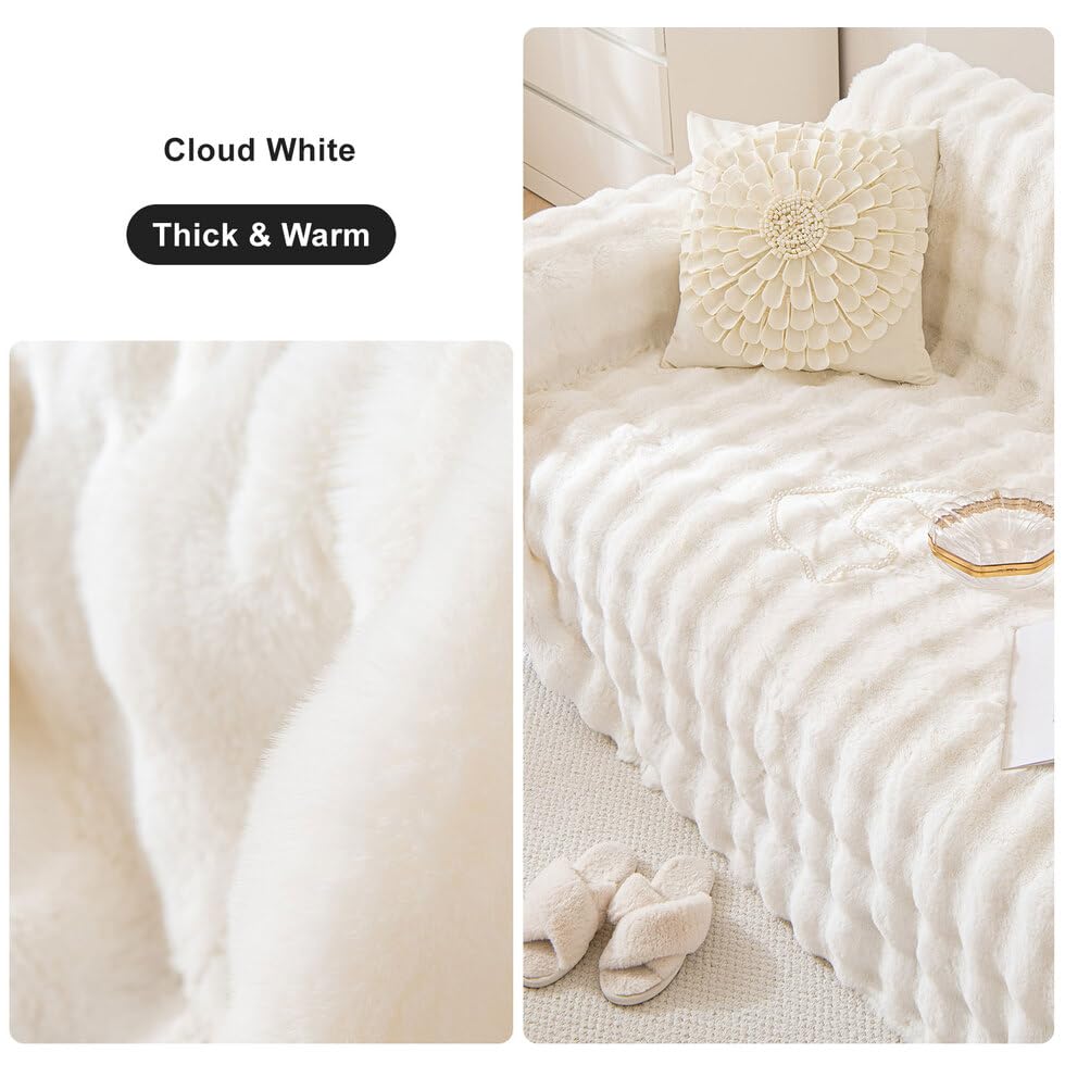 AMWAN Cozy Faux Fur Couch Cover Large Fuzzy Blanket for Sofabed,Loveseat Thick Cozy Shaggy Sofa Slipcover for Sectional,L Shaped Sofa Pets Multifunctional Throws Living Room Decor,Cloud White,71x134’’ AMWAN