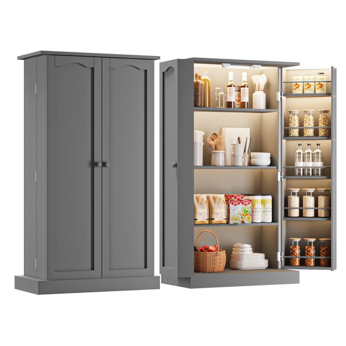 FJTJBSI 50" LED Kitchen Pantry Cabinet with 3 Adjustable Shelves and 2 Doors Wood Pantry Storage Cabinet with Handle for Kitchen Living Room and Dinning Room Grey FJTJBSI