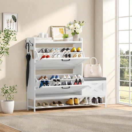 DWVO Farmhouse Shoe Cabinet Bench with 2 Flip Drawers for 16 Pairs, Chic Entryway Bench and Rustic Design for Living Rooms and Hallways (White) DWVO