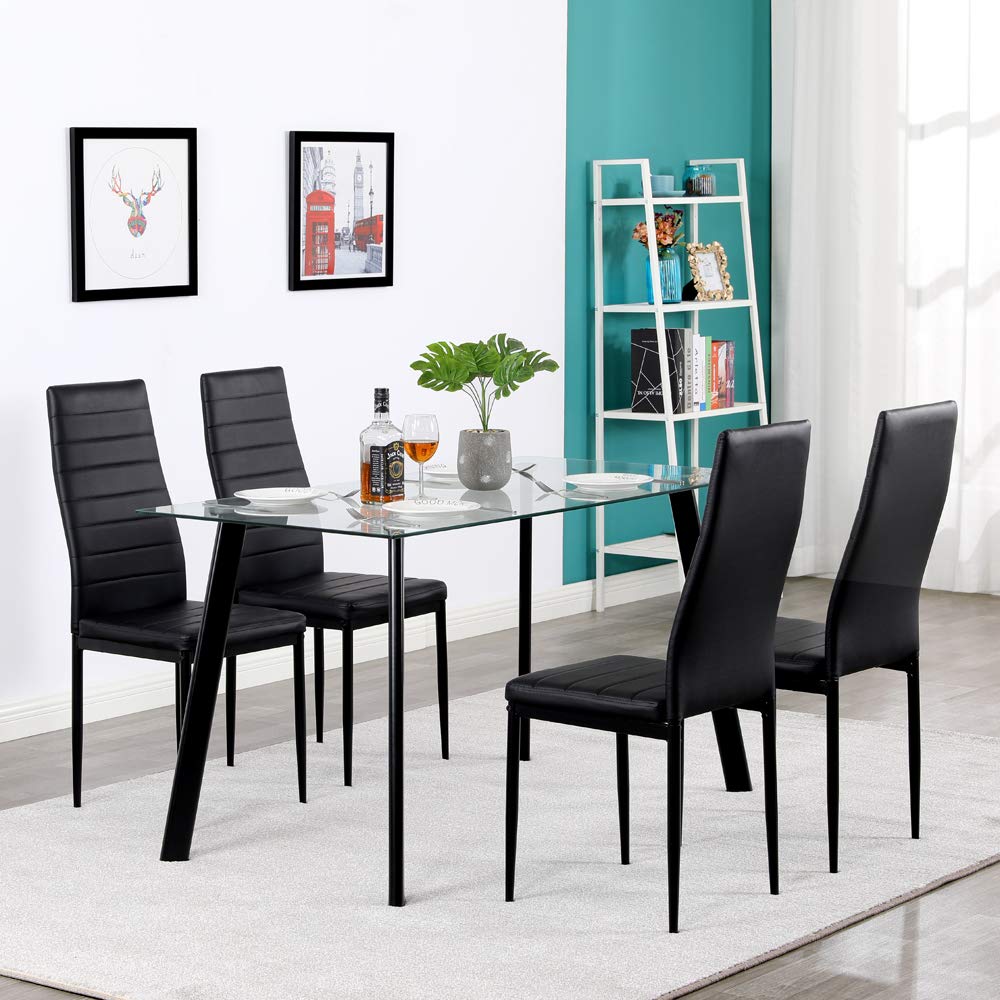 Karl home Black Dining Chair Set of 4, Leather Dining Chairs with Curved Back & Foot Cap Protection for Dining Kitchen Living Room, 300lbs Capacity Karl home