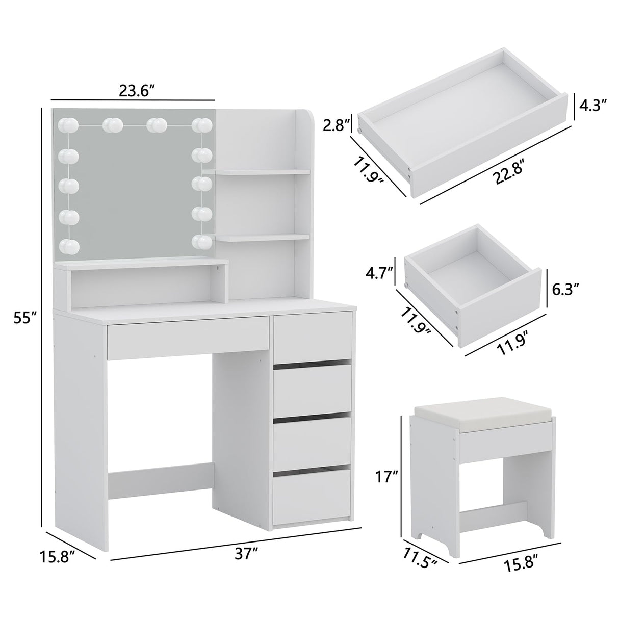 Furniouse 37" W Vanity Desk, Vanity Mirror with Lights and Table Set with 5 Drawers, Vanity Set 3 Lighting Modes Brightness Adjustable for Bedroom Studio Furniouse