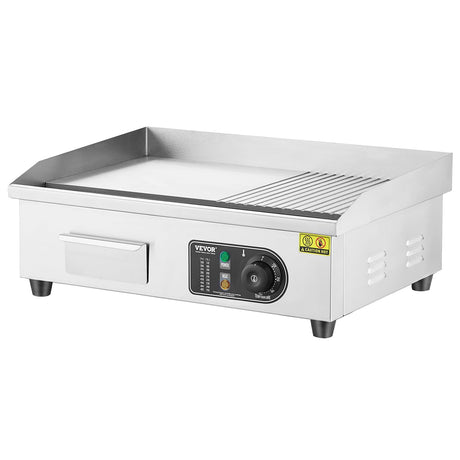 VEVOR Commercial Electric Griddle, 1600W Countertop Half-Flat Top Grill, 22in Stainless Steel Griddle Grill with 2 Shovels and 2 Brushes for Home or Restaurant, 122℉-572℉ Adjustable Temp VEVOR