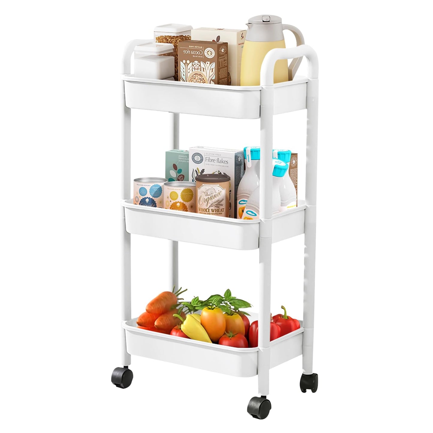 3 Tier Utility Rolling Cart with Handle, Multifunctional Storage Organizer Rolling Carts with Wheels for Bathroom Office Living Room (White)