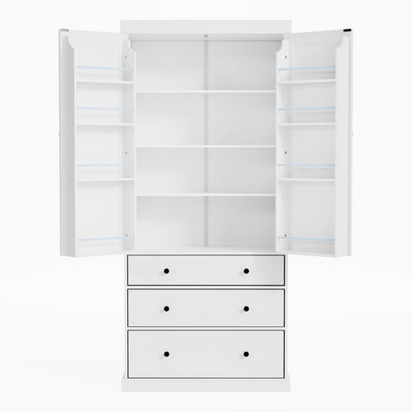 77inch Farmhouse Kitchen Pantry, Wood Storage Cabinet With 3 Adjustable Shelves, Freestanding Tall Cupboard Storage Cabinet With 8 Door Shelves And 3 Drawers For Kitchen, Dining Room (White-CR) Tdewlye