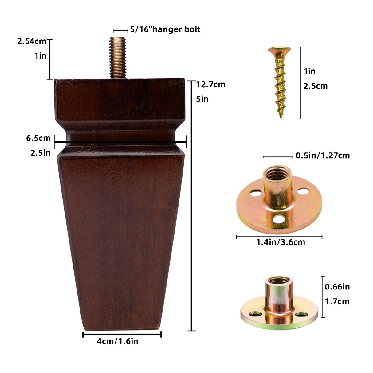 Square Wood Furniture Legs Set of 4 - Wooden Replacement Feet for Couch, Bed, Bench, Dresser, Rubber Wood Parts for Table, Sofa, Wooden Legs Chairs Complete with Installation Hardware (Brown, 5 inch) Texphw