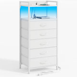 Furnulem White Nightstand with 5 Storage Drawer, Tall Dresser for Bedroom with Led Light and Charging Station, Side Table Nightstand for Closet, Fabric Bins, Metal Frame, Wood Shelf(White) Furnulem