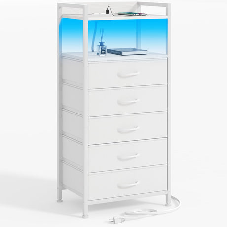 Furnulem White Nightstand with 5 Storage Drawer, Tall Dresser for Bedroom with Led Light and Charging Station, Side Table Nightstand for Closet, Fabric Bins, Metal Frame, Wood Shelf(White) Furnulem