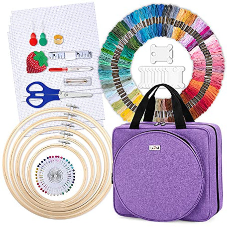 LoDrid Embroidery Kit, Embroidery Project Bag with Embroidery Kit, Portable Craft Carry Case with Starter Kit, Embroidery Supplies Storage Bag and Cross Stitch Kits for Beginner, Adults, Purple LoDrid