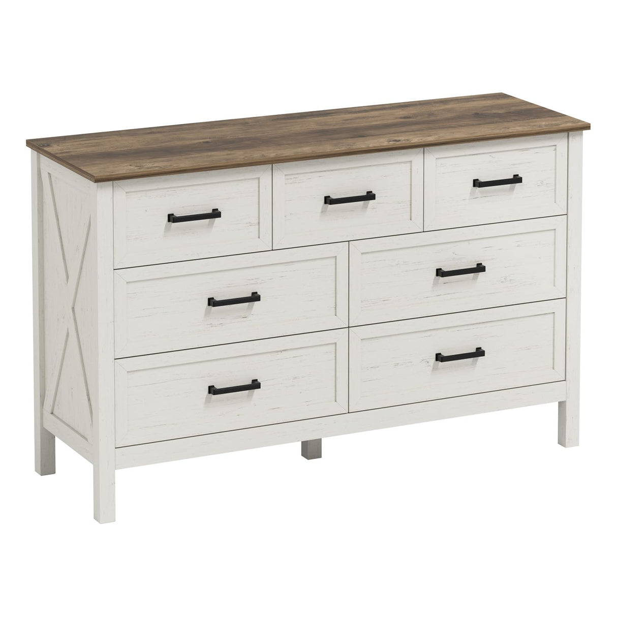 LYNSOM Farmhouse 7 Drawers Dresser for Bedroom, Wood Rustic Wide Chest of Drawers with Deep Drawers, Metal Handle, Storage Dressers Organizer for Entryway, Hallway, Antique White LYNSOM