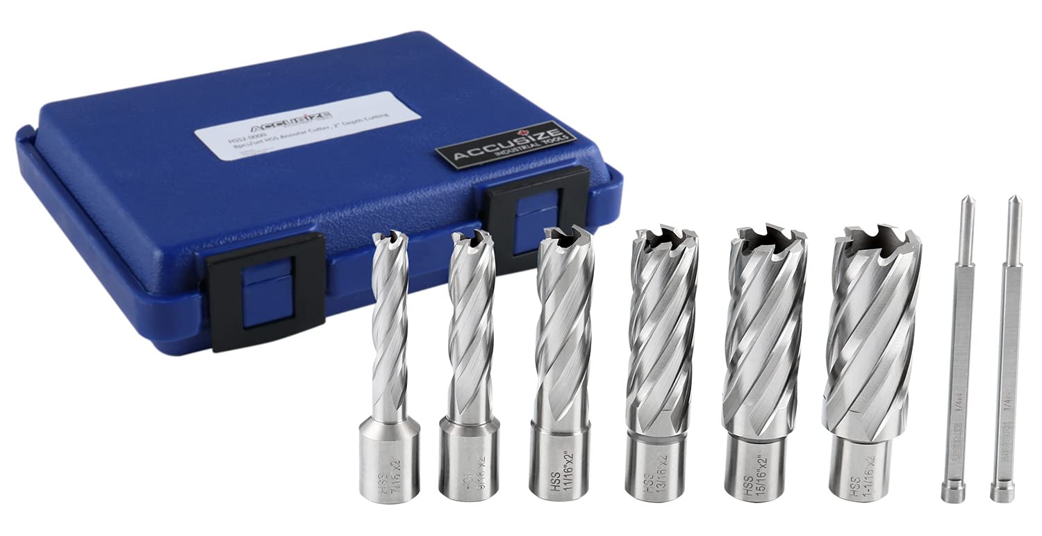 Accusize Industrial Tools Hss Annular Cutter Set, 2'' Cutting Depth, 7/16'' to 1-1/16'' Slugger Cutter, 8 Pcs/Set, HSS2-0000 - WoodArtSupply