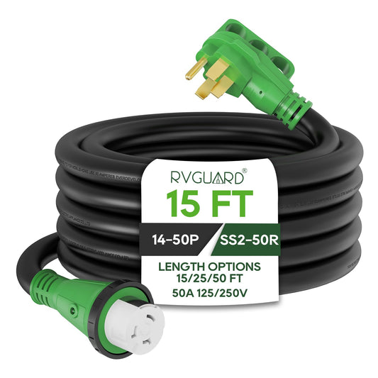 RVGUARD 50 Amp 15 Foot RV Power Cord, 14-50P to SS2-50R Generator Extension Cord, Heavy Duty STW Cord with LED Power Indicator and Cord Organizer, Green, ETL Listed - WoodArtSupply