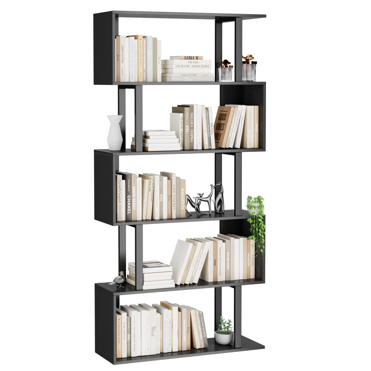 Gadroad 5-Tier Geometric Bookcase,S Shaped Bookshelf, Wood Decorative Storage Shelving, Modern Freestanding Display Shelves, Tall Book Shelf Unit for Living Room Bedroom, Black Gadroad