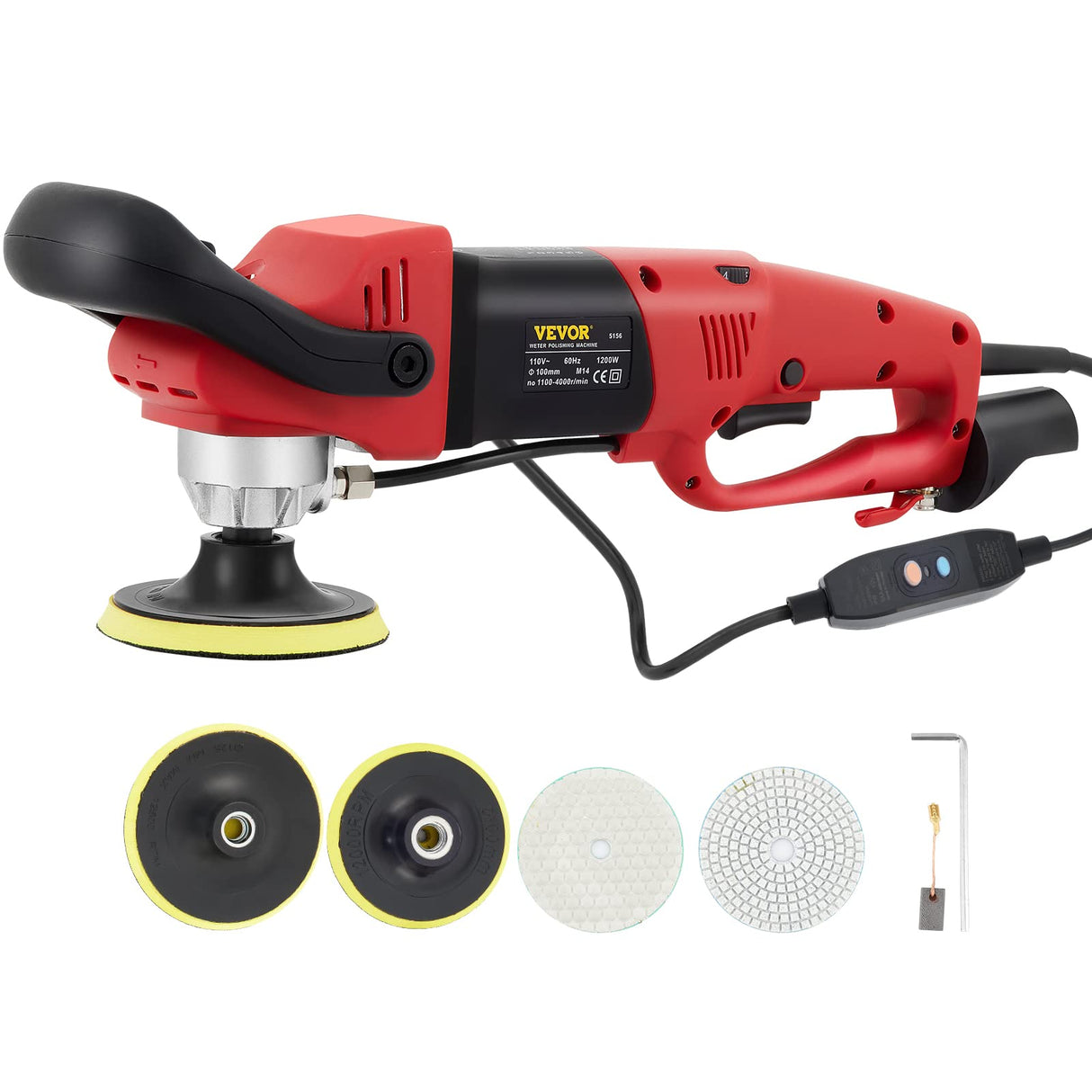 VEVOR Wet Polisher Grinder, Variable Speed 4" & 5" Diamond Polishing Pads, Buffing Machine with 78.7" Water Pipe Adapter & Splash Shield, Electronic Concrete Stone for Title Floor Countertop CE VEVOR