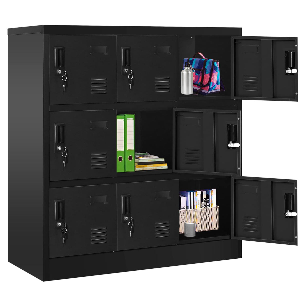 Greenvelly 9 Door Storage Locker for Employee, Metal Locker for Office, Gym, Shool, Lockable Black Steel Locker with Lock and Card Slot for Home,Garage Greenvelly