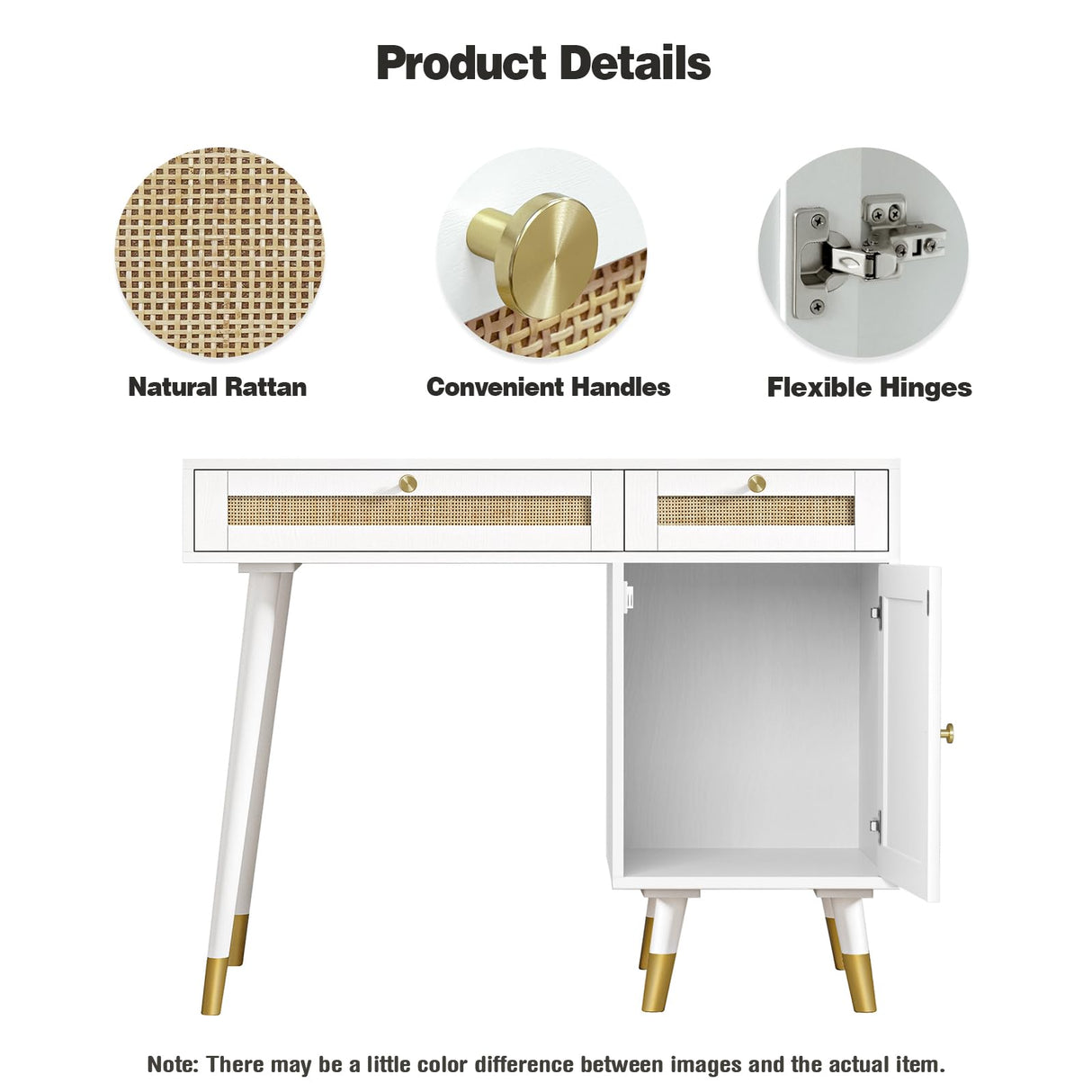 Anmytek Rattan Vanity Desk with Drawers and Storage, White Makeup Vanity Table Modern Home Office Desk Computer Desk for Study D0006 Anmytek