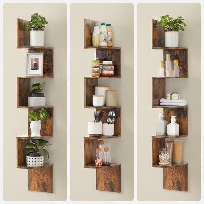 VASAGLE Corner Shelf Wall Mount, 5-Tier Floating Corner Bookshelf, Plant Shelf for Bedroom, Living Room, Bathroom, Home Office, Rustic Brown ULBC72BX