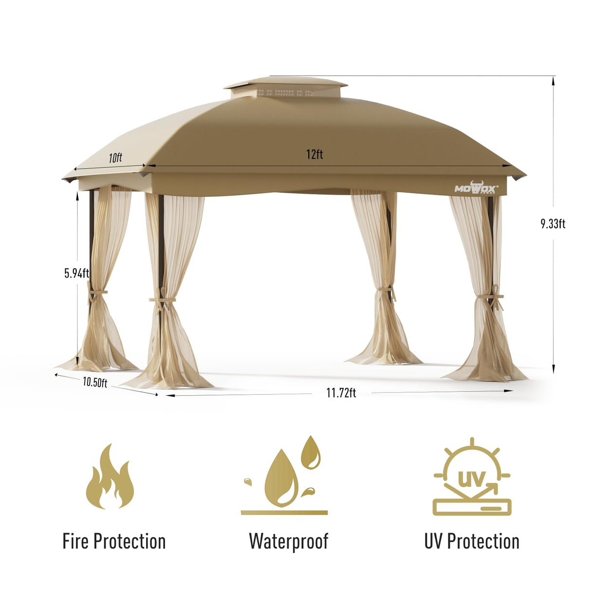 MOWOX POWER 10 x 12' Gazebo with Waterproof Double Vent Roof, Easy-Set up Gazebo with Mosquito Netting, Outdoor Gazebo for Garden, Backyard and Lawns (Khaki). MOWOX POWER